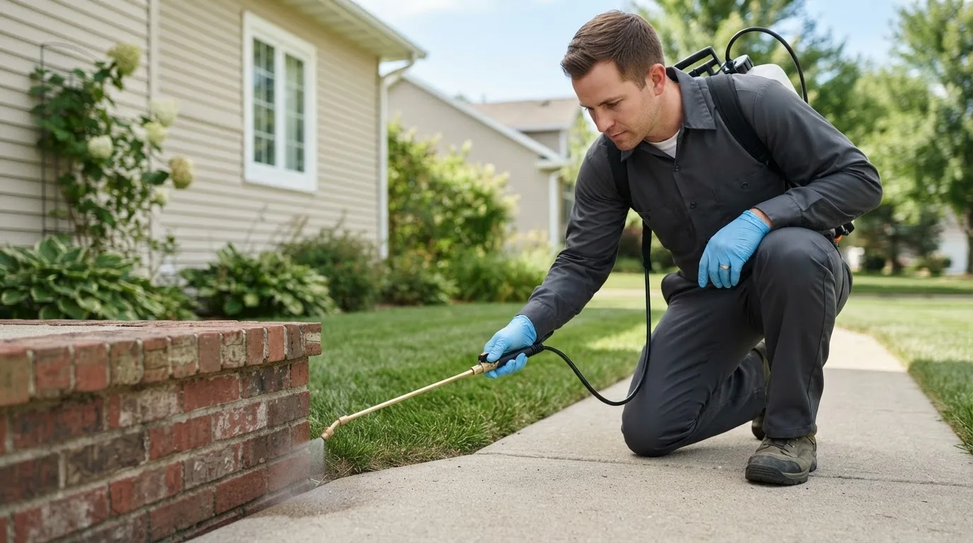 Pest control technician treating a home near Liverpool, IL