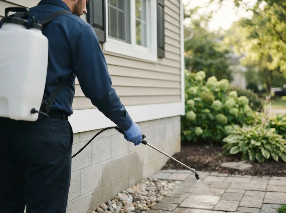 Pest control technician inspecting a home in Liverpool, IL